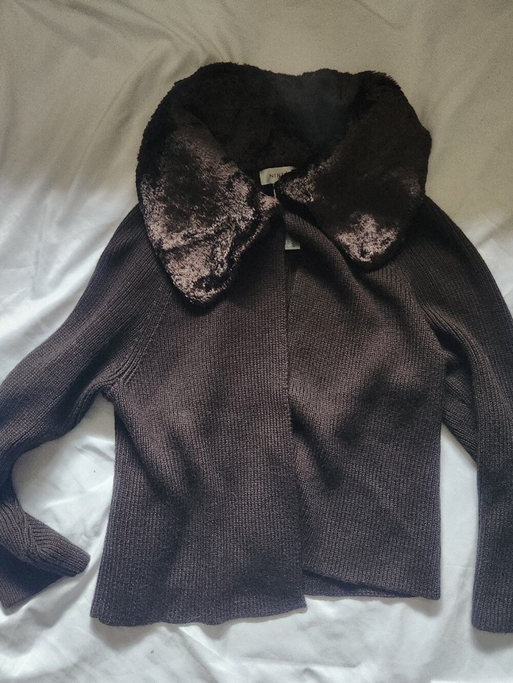 Nine West Modern Muse Brown Knit Cardigan Faux Fur Collar Wool Blend NWT Size M